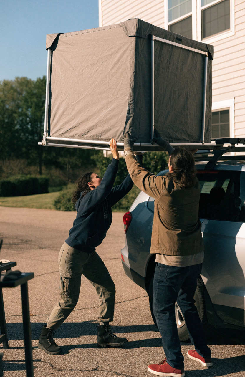 Two people lifting a closed rooftop tent onto an SUV roof rack