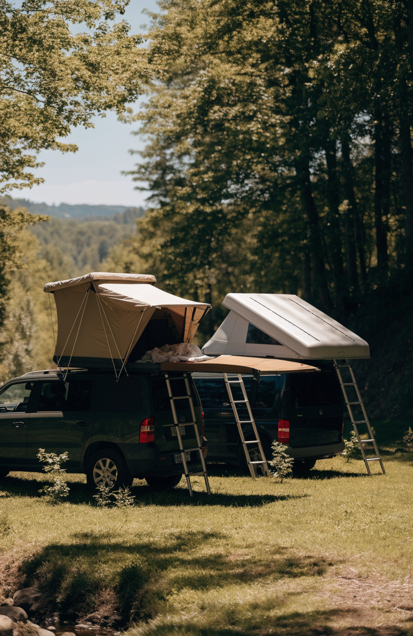 Two campsite vehicles with open soft-shell and hard-shell rooftop tents