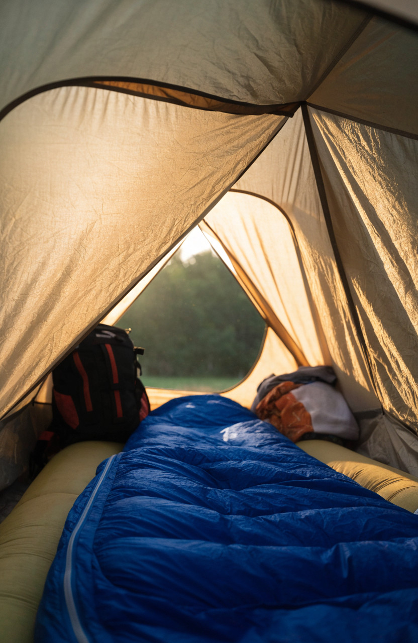 Inside small tent with sleeping pad, sleeping bag and packed gear