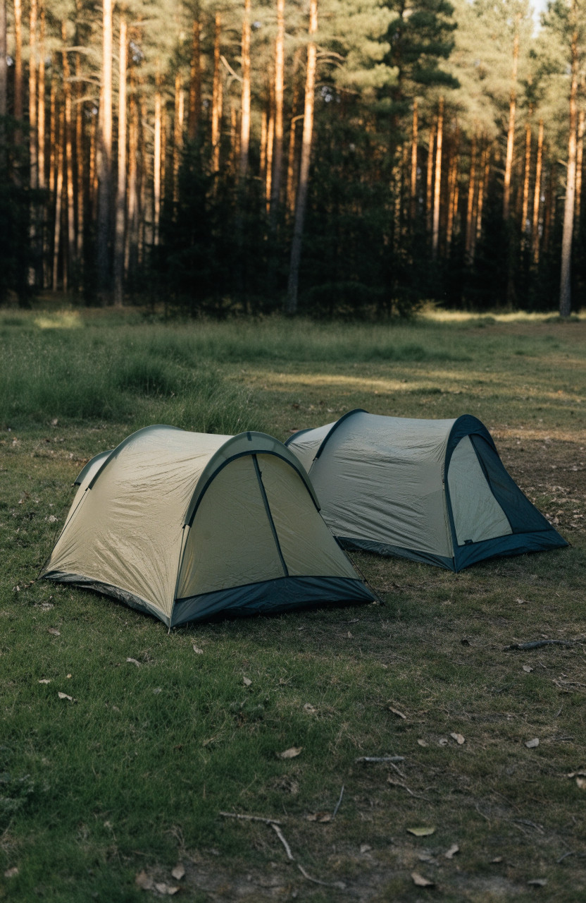 Two low-profile backpacking tents pitched on forest grass in daylight