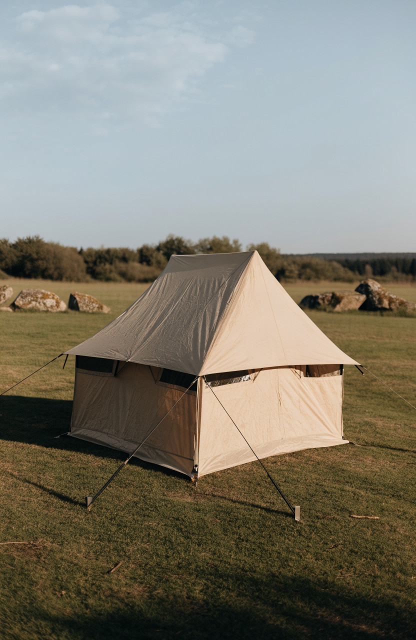 Canvas tent staked square and taut on level grassy ground