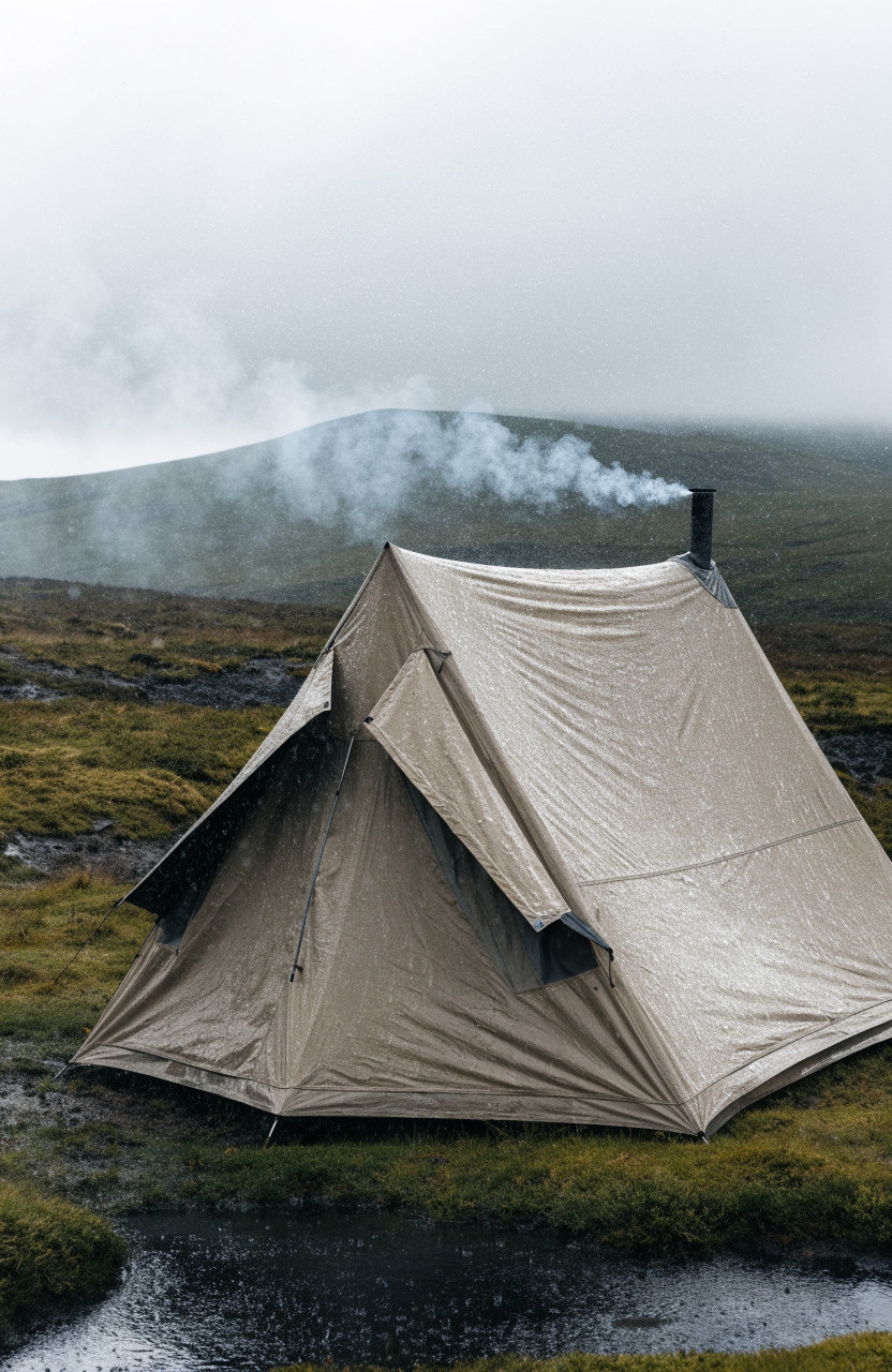 Canvas tent in rain with open vents and stove chimney pipe