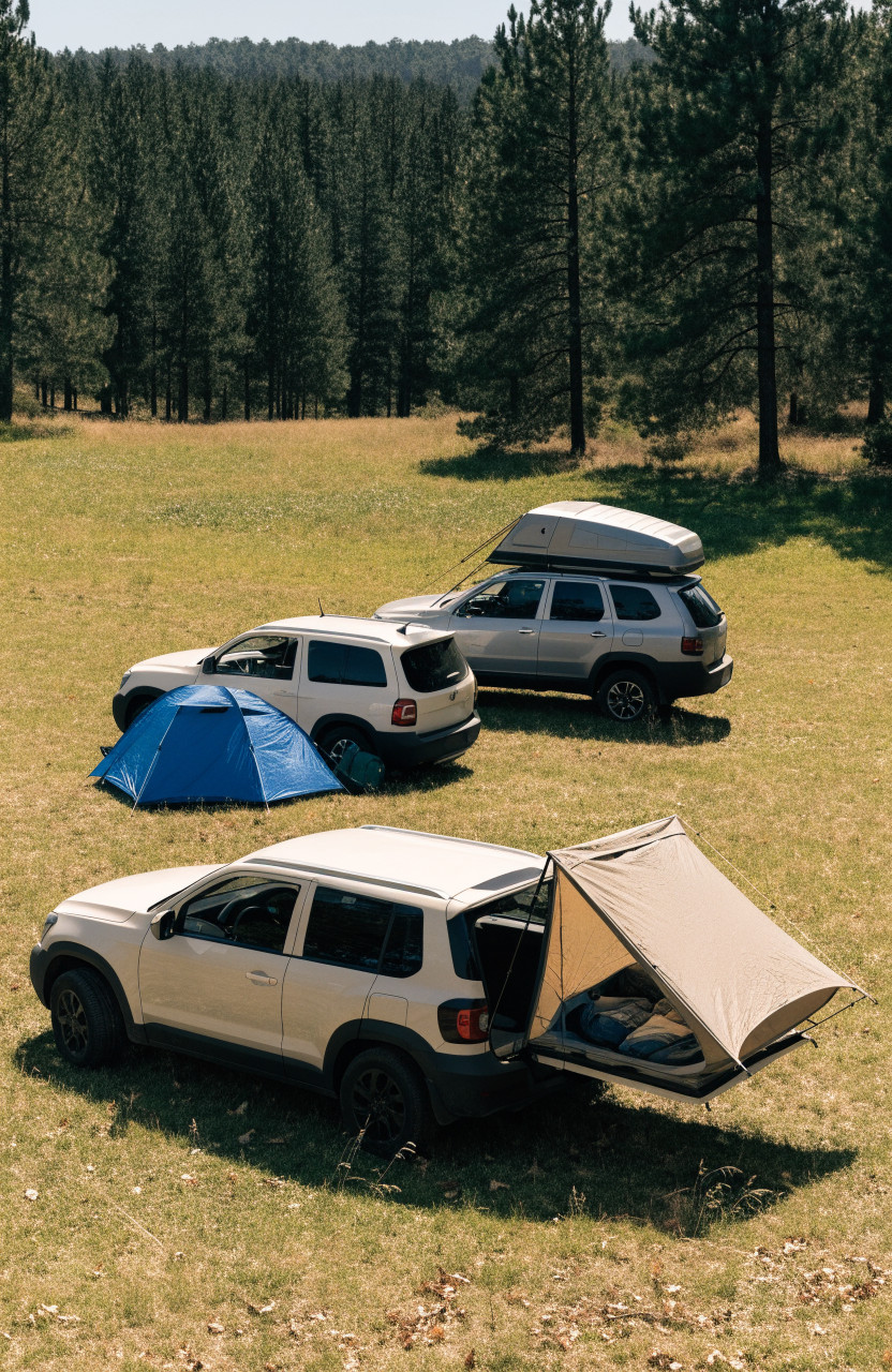 Three SUVs with hatch tent, ground tent and rooftop tent