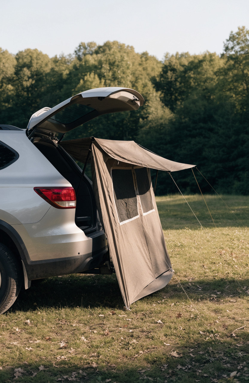 Rear of SUV connected to ground tent at forest campsite