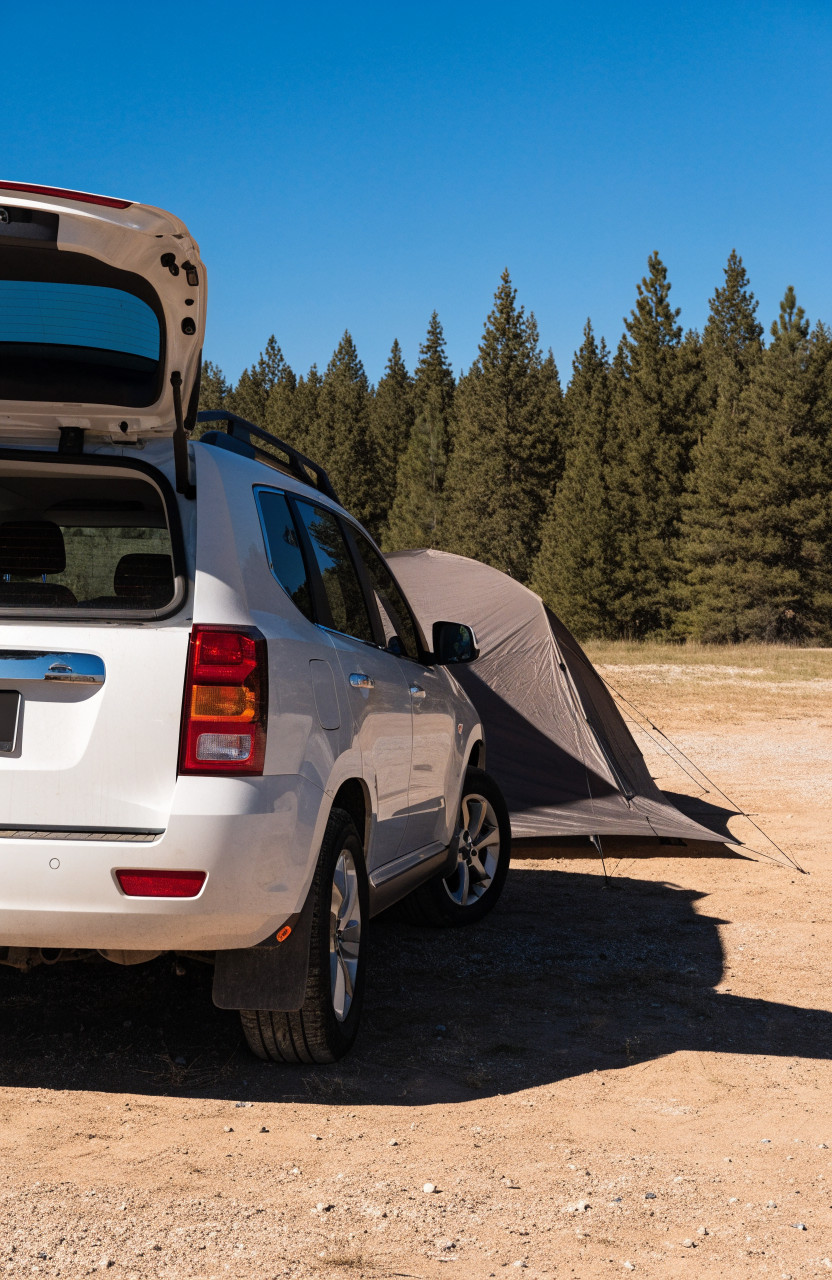 SUV with open hatch and staked tent pitched on level dirt campsite pad