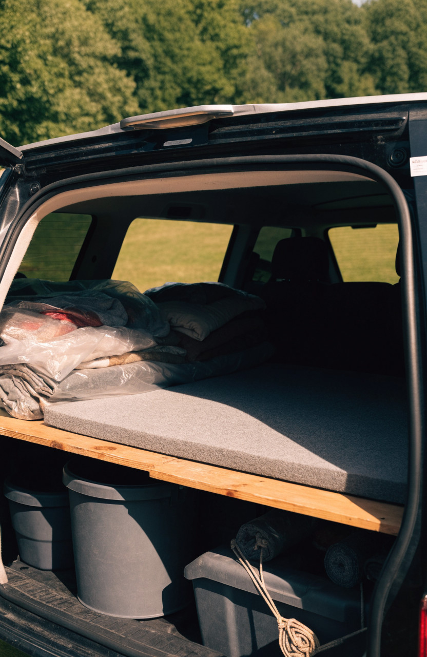 Open SUV cargo area with flat sleeping pad on platform over storage bins