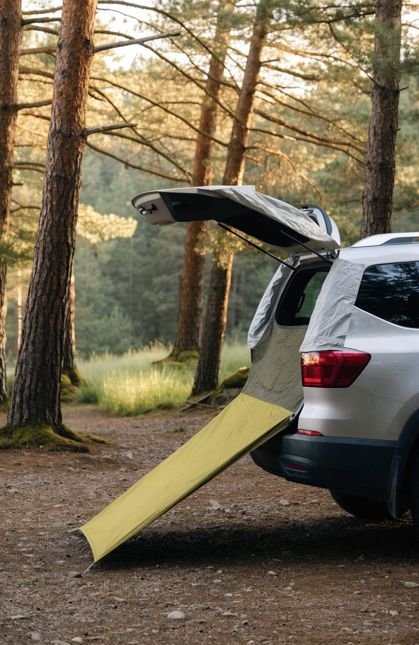SUV with tailgate tent sealed around open rear hatch at forest campsite