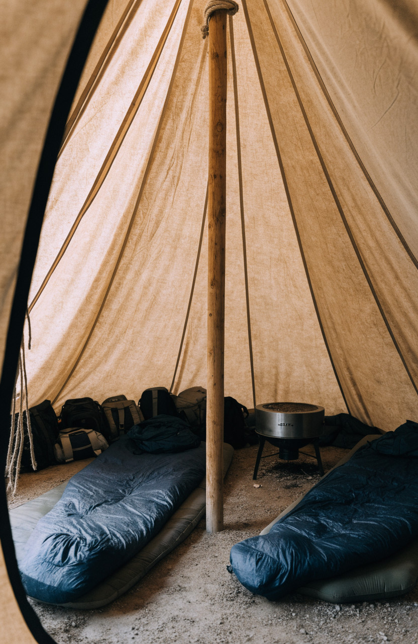 Teepee tent interior with center pole and sleeping pads in wedges around it