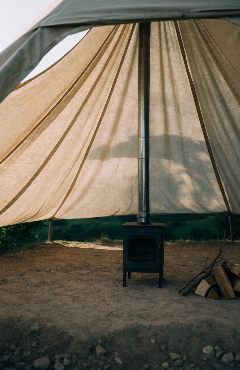 Wood stove with chimney pipe inside a floorless canvas teepee tent