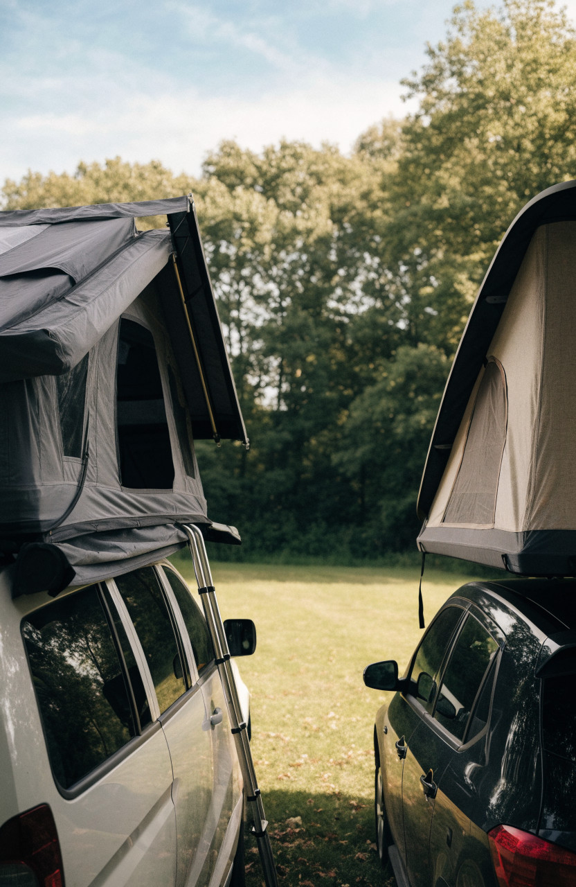 Two cars side by side with unfolded soft-shell and raised hard-shell rooftop tents