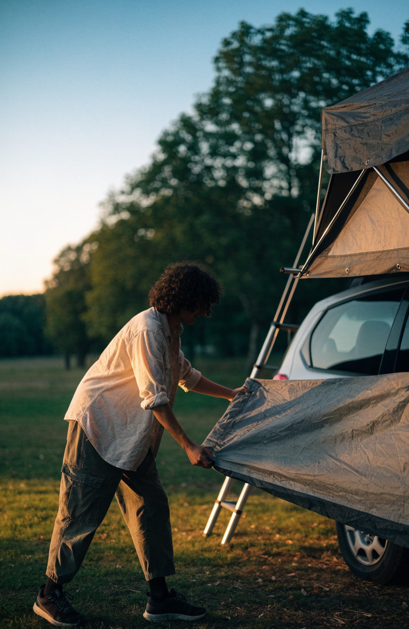 Person unfolding a rooftop tent base and ladder on a car at dusk
