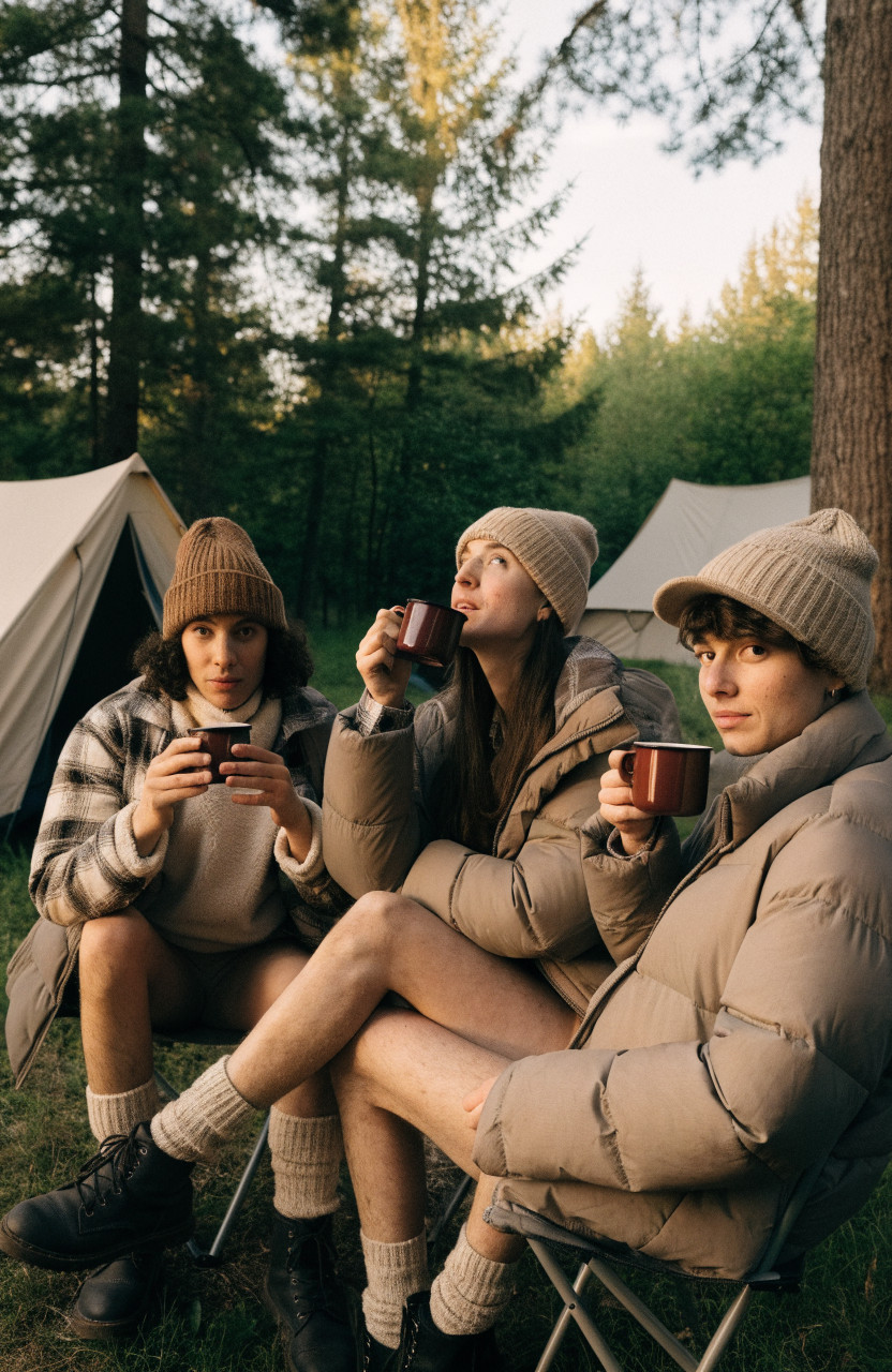 Friends in earth-tone flannel, fleece and puffers at tent camp