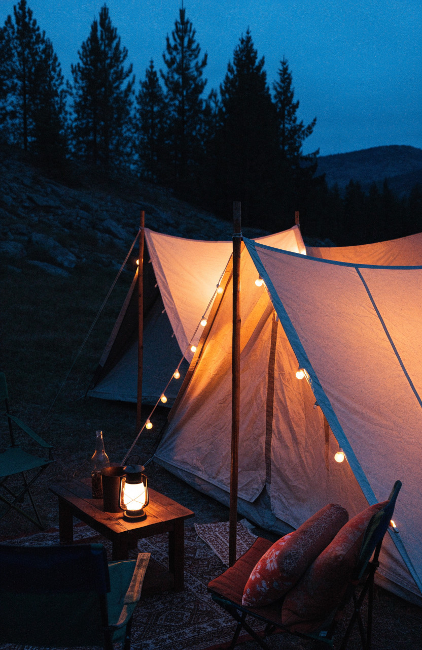 Tent camp at dusk glowing with warm string lights and lanterns