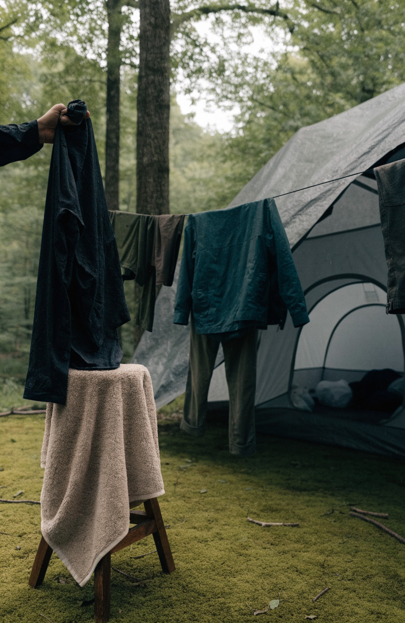 Damp clothes hanging on line under tarp outside tent vestibule