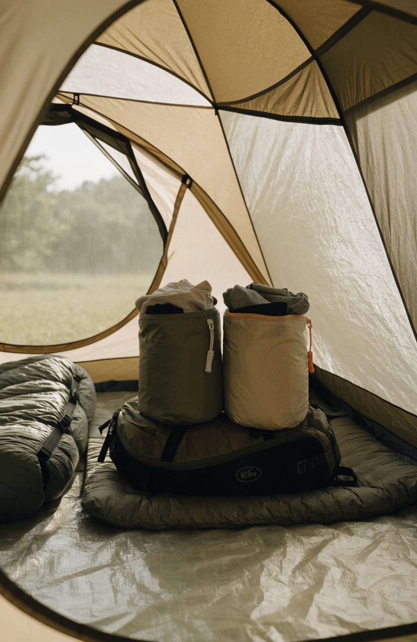 Dry bags with clothes stored in tent center on backpack and sleeping pad