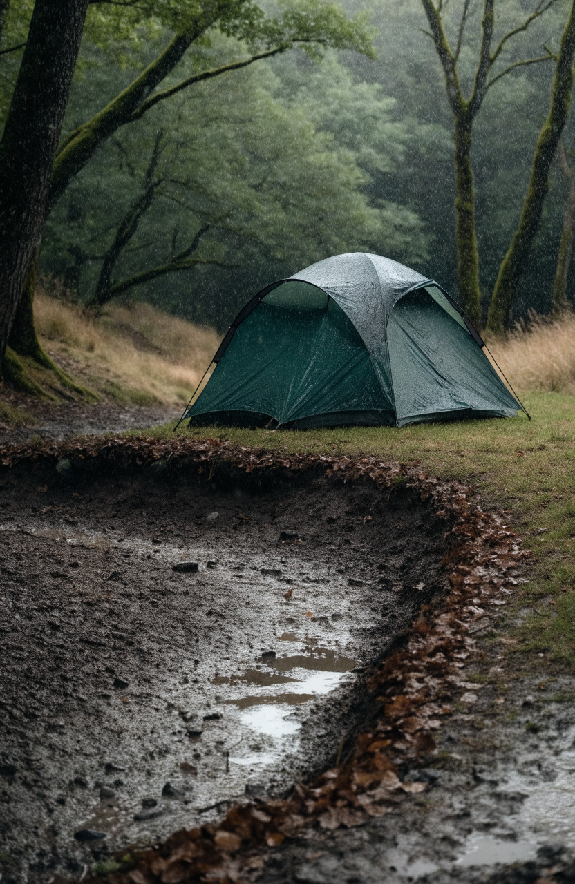 Tent on a grassy rise above a muddy puddle in a rainy forest clearing