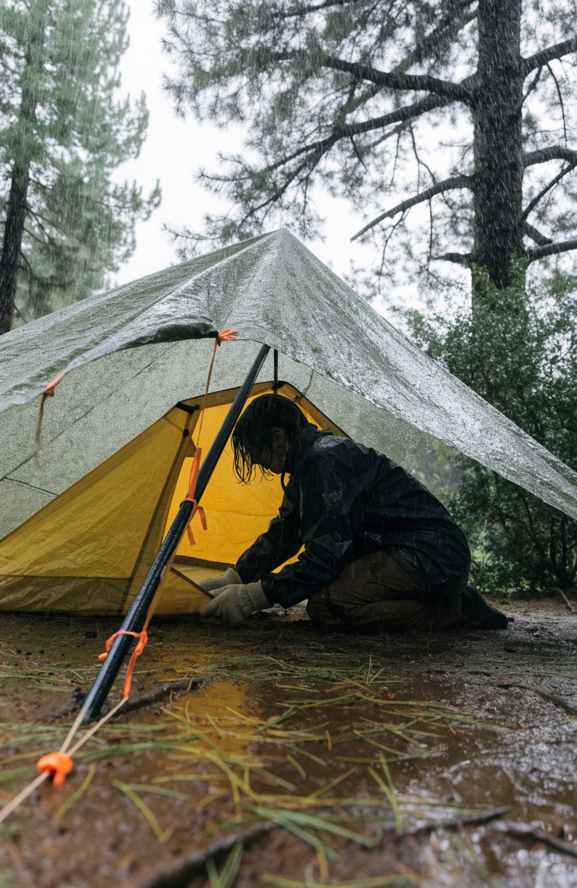 Camper pitching a tent dry under a tarp strung between trees in rain