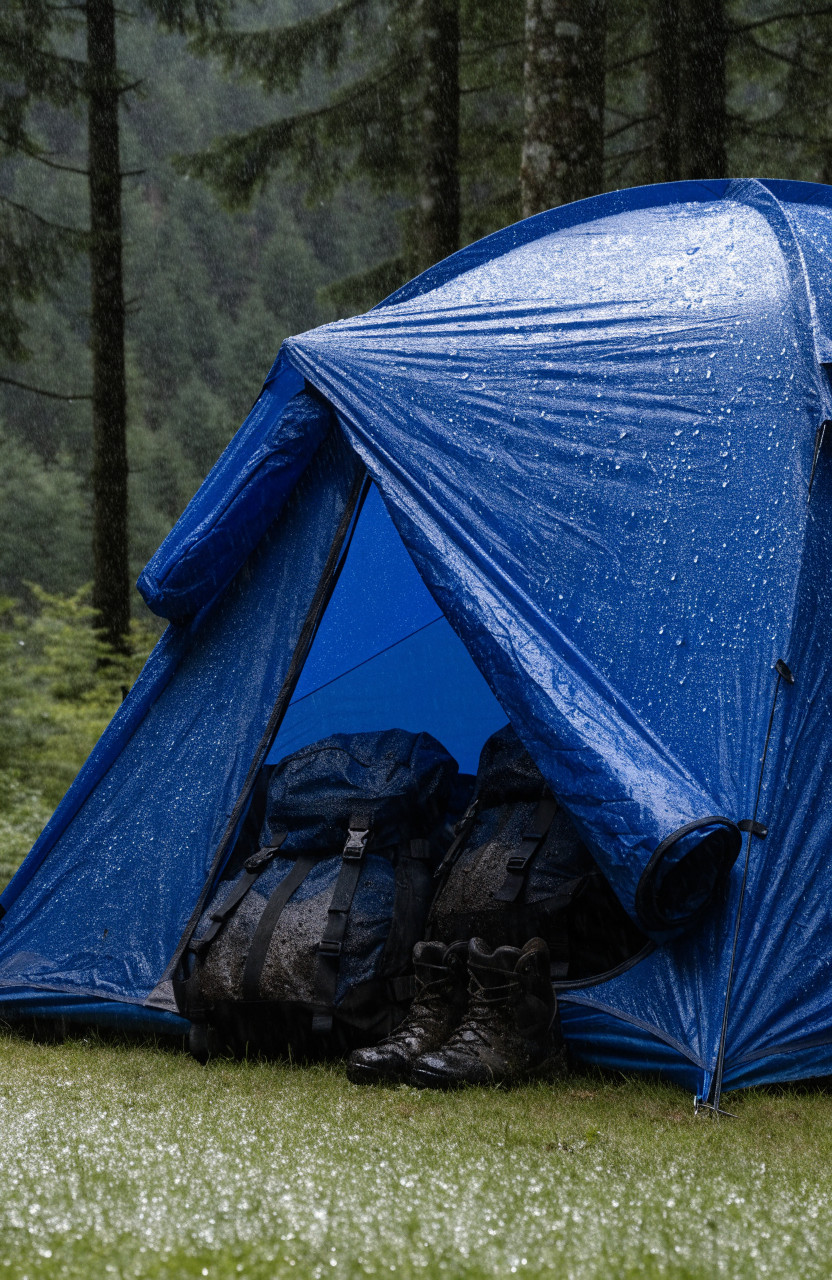 Tent with full rainfly and vestibule storing wet packs in rain