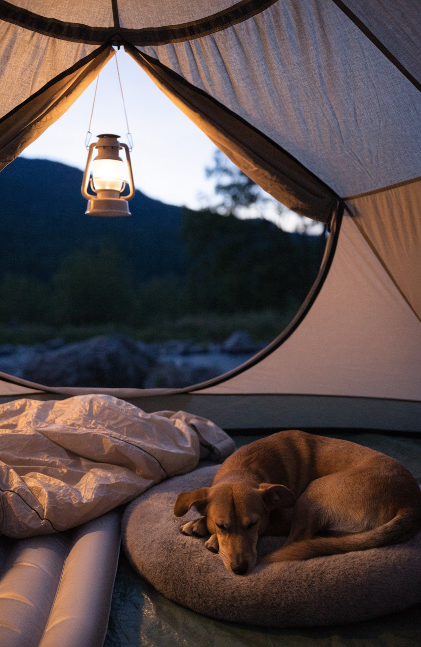 Brown dog curled on dog bed inside tent next to sleeping pad