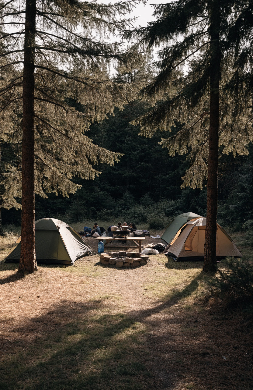 Organized group tent campsite with clear paths and shared kitchen area