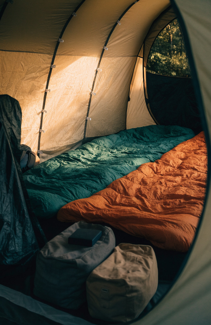 Inside a four-person tent with two sleeping pads, sleeping bags and duffels