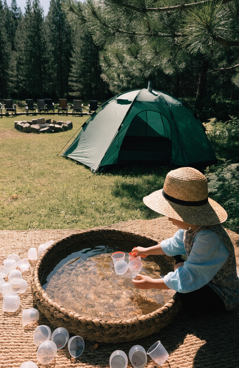 Toddler playing with water basin at campsite away from blocked fire ring