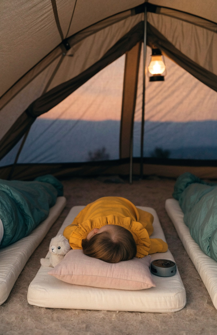 Toddler sleep pad with wearable sack between parent pads inside tent