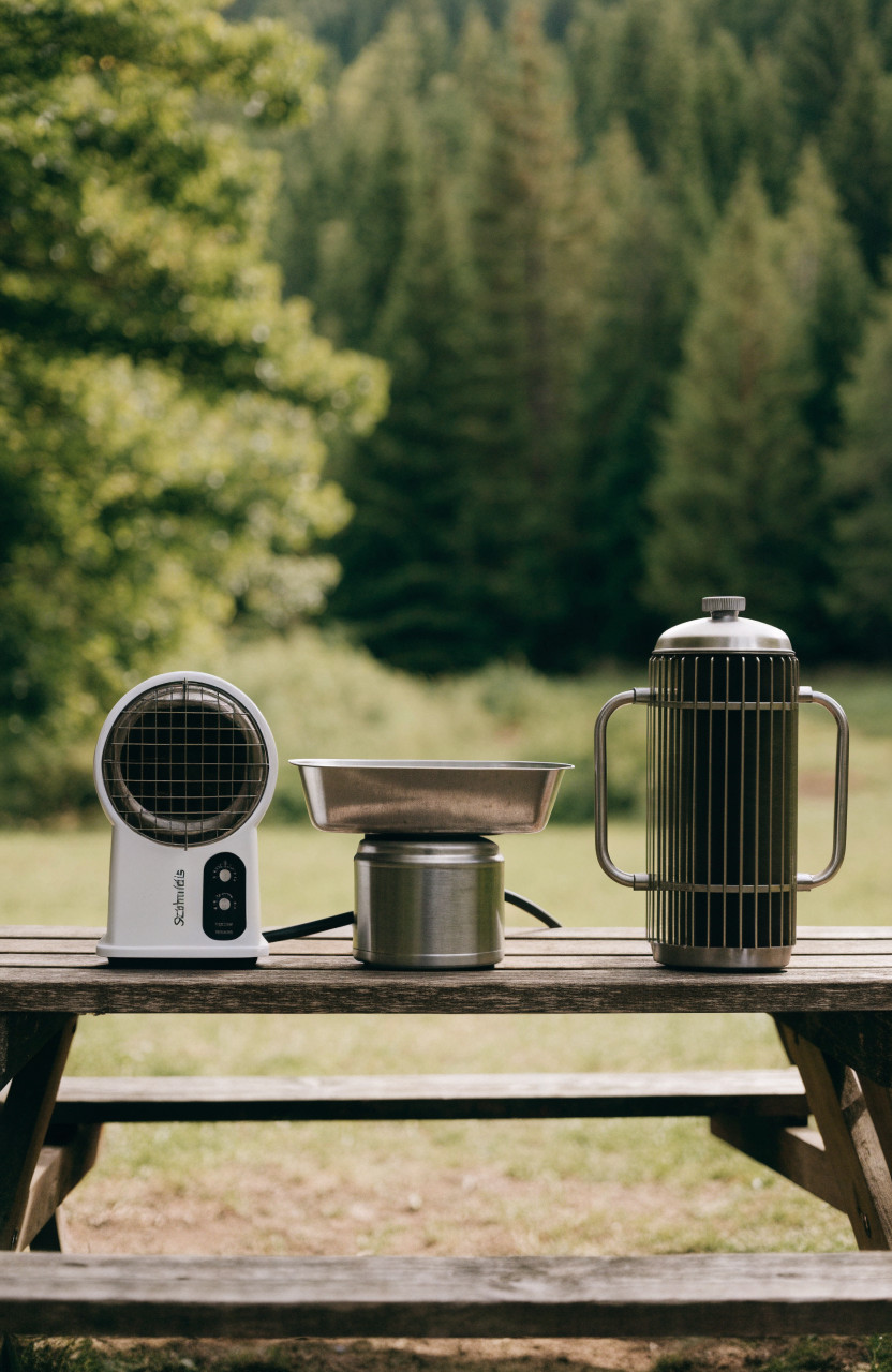 Three camping tent heaters lined up on a wooden table outdoors