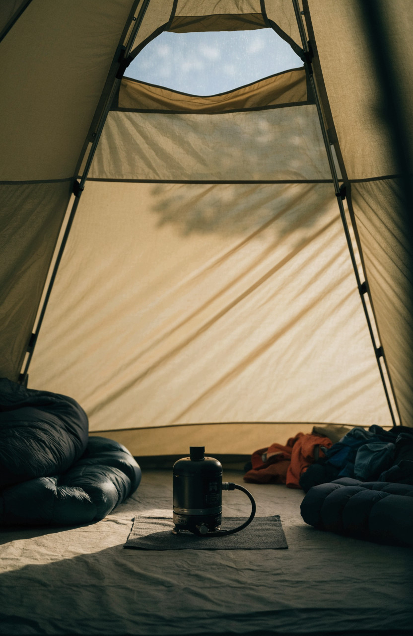Portable heater on a mat inside a tent with clear space around it
