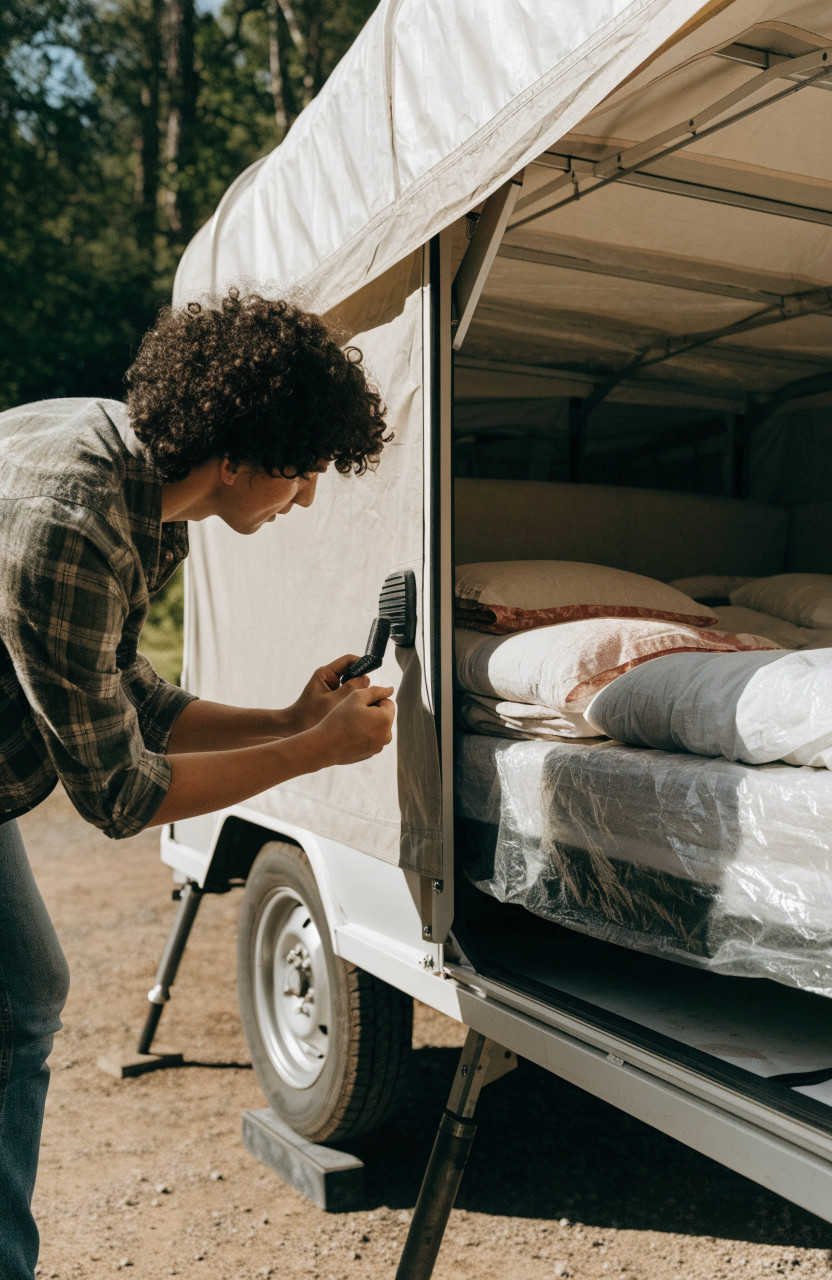 Person cranking up a pop-up camper roof during campsite setup