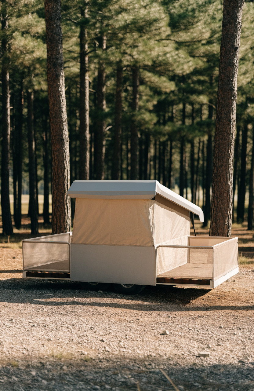 Expanded pop-up tent trailer with canvas bunk ends at a wooded campsite
