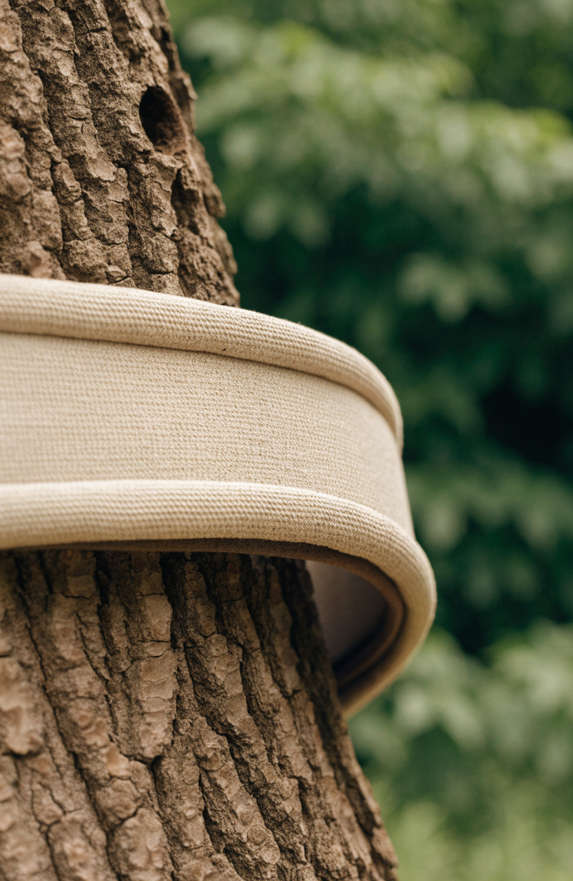 Wide protective webbing strap wrapped flat around tree bark