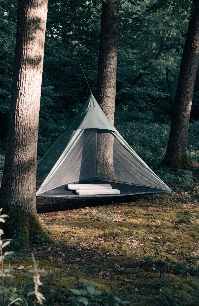 Suspended triangular tree tent with mesh walls between three forest trees
