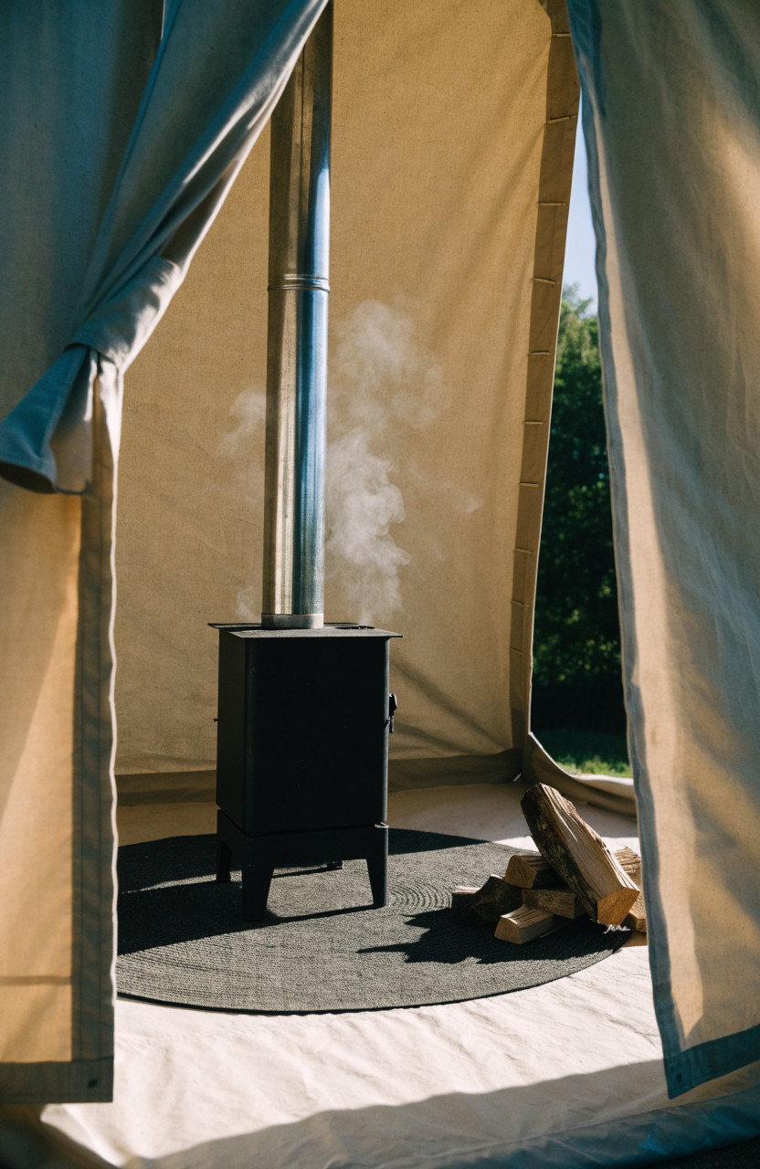 Wood stove on protective mat inside wall tent with pipe through roof