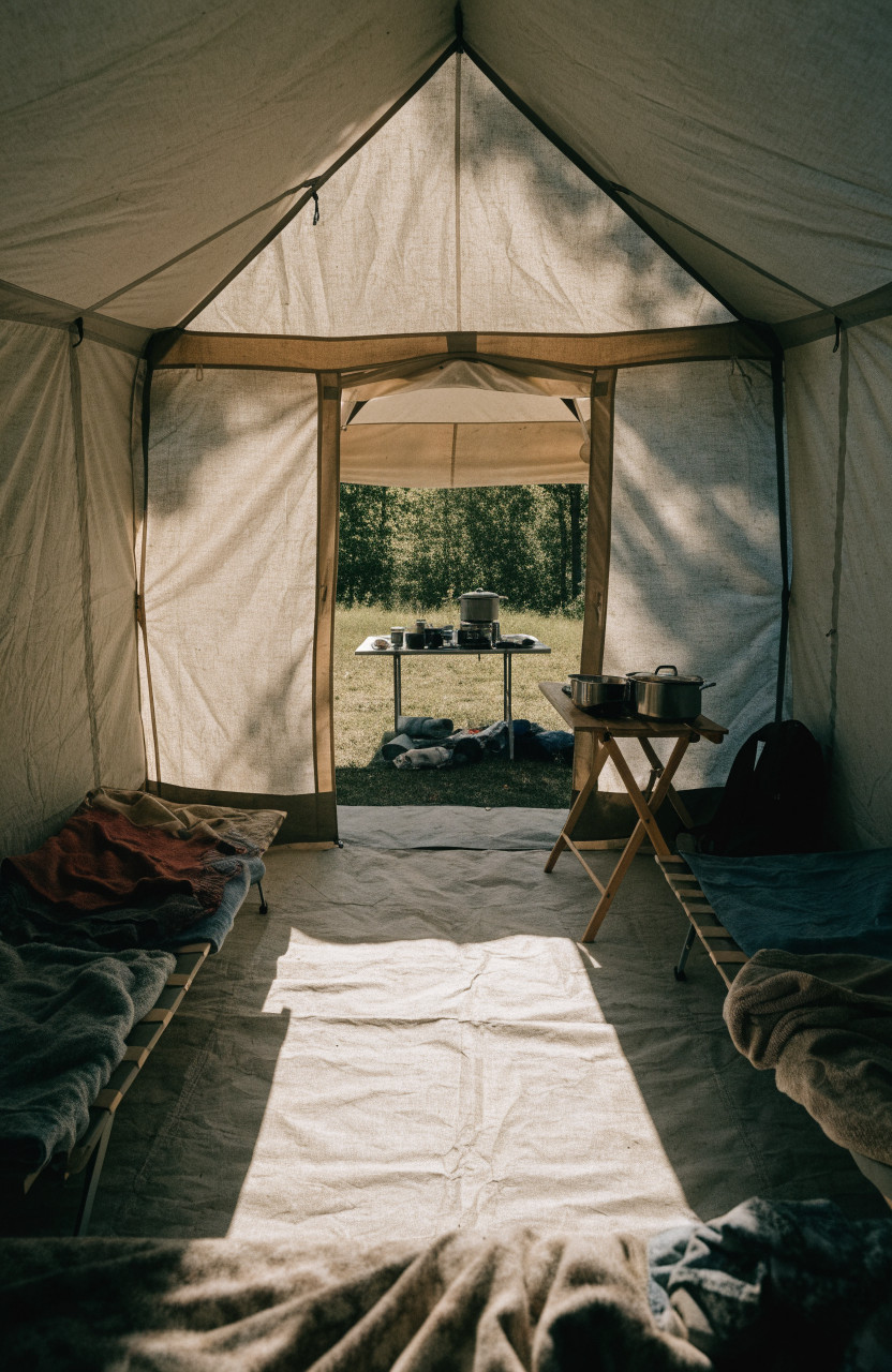 Lived-in wall tent with cots and table leading to outdoor kitchen
