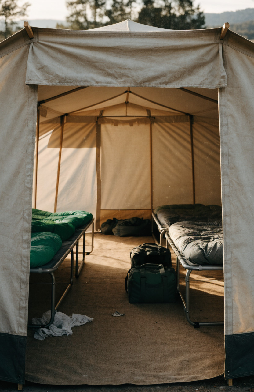 Spacious wall tent interior with cots along tall canvas sidewalls