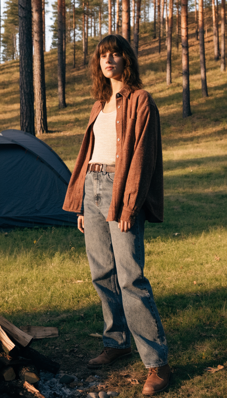 Woman in rust flannel, tank, jeans and boots at forest campsite