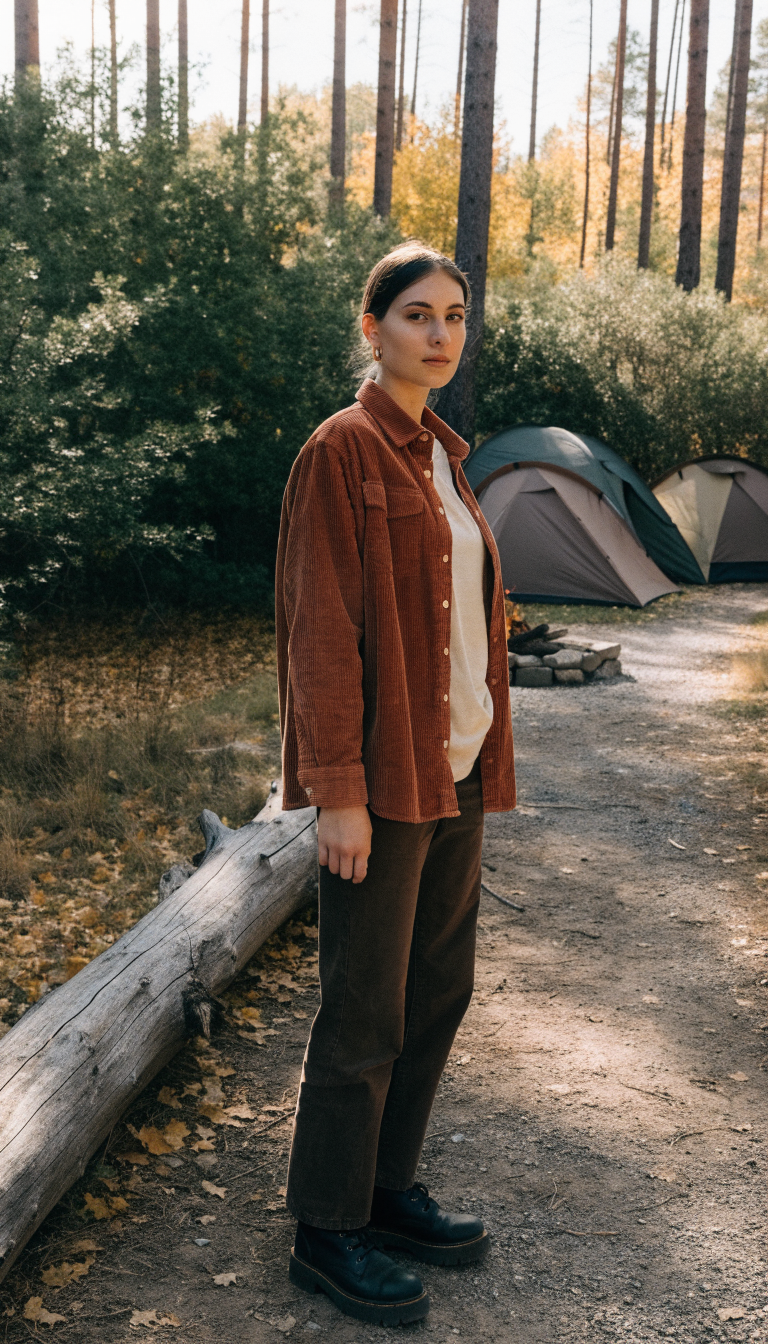 Woman in rust corduroy shirt and chunky boots by log at fall campsite