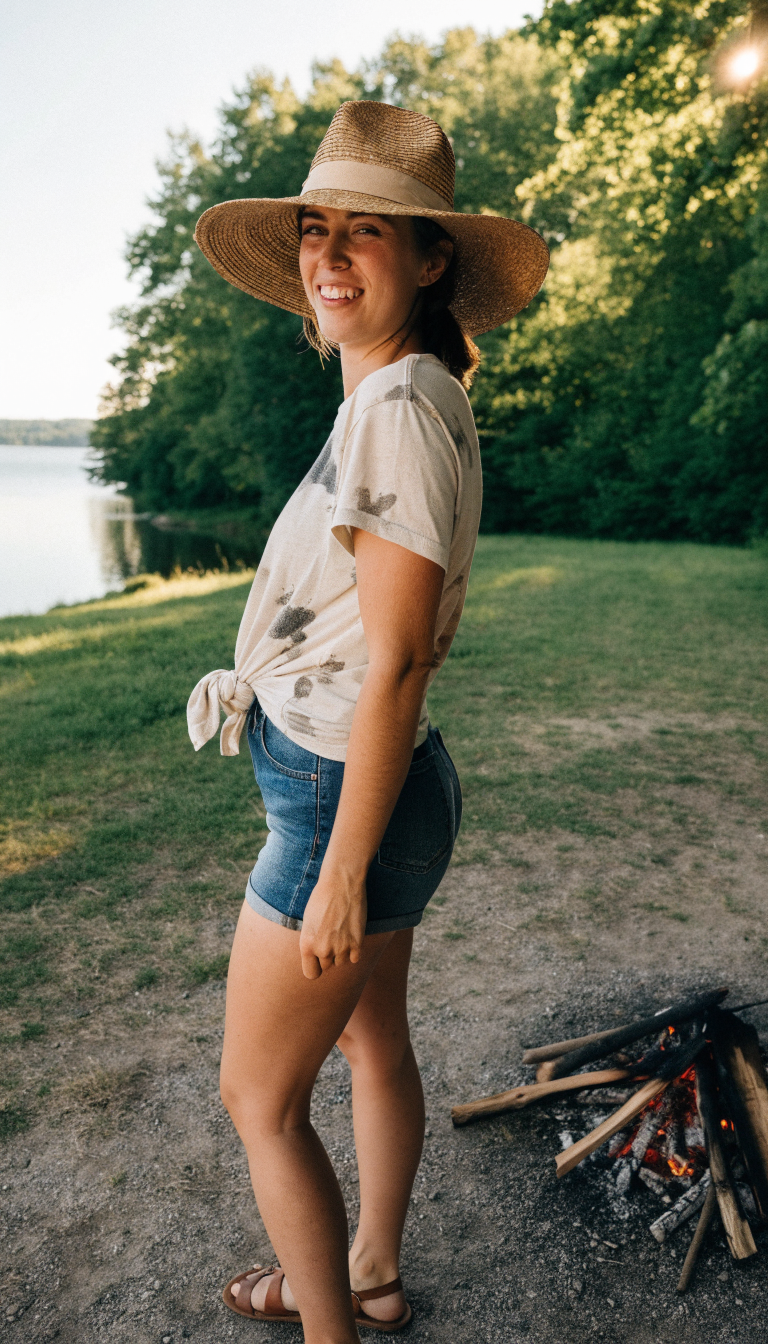 Woman in knotted tee, denim cutoffs and straw hat by campfire