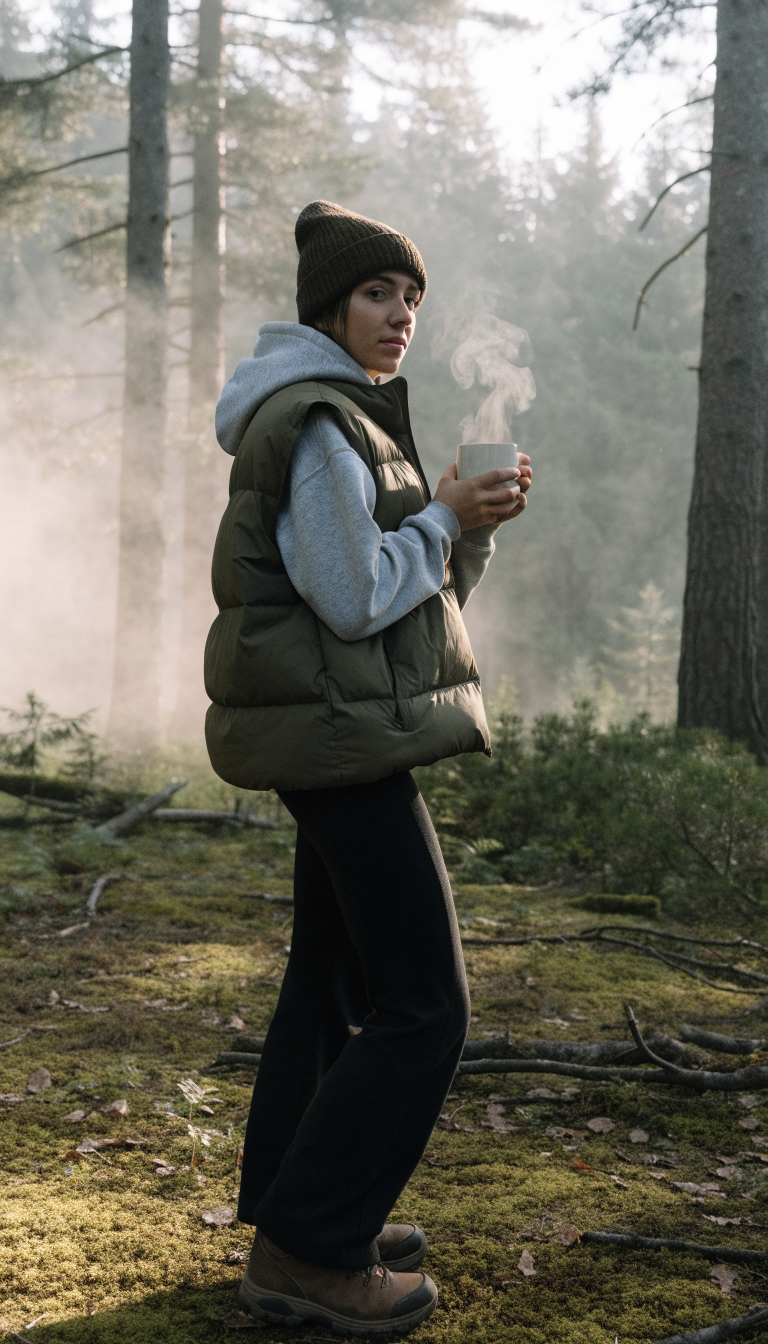 Woman in quilted vest and beanie holding coffee mug on foggy morning at camp
