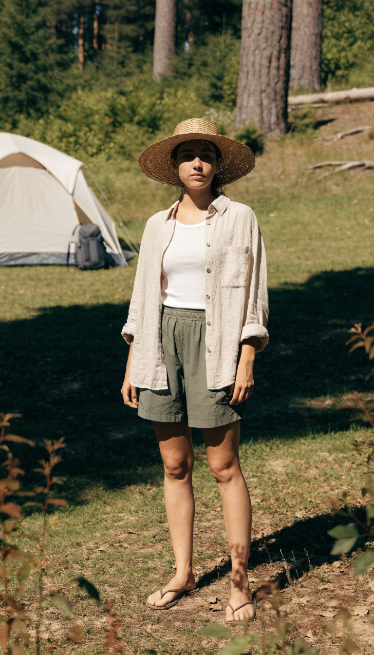 Woman in beige linen shirt and olive trail shorts at sunny campsite