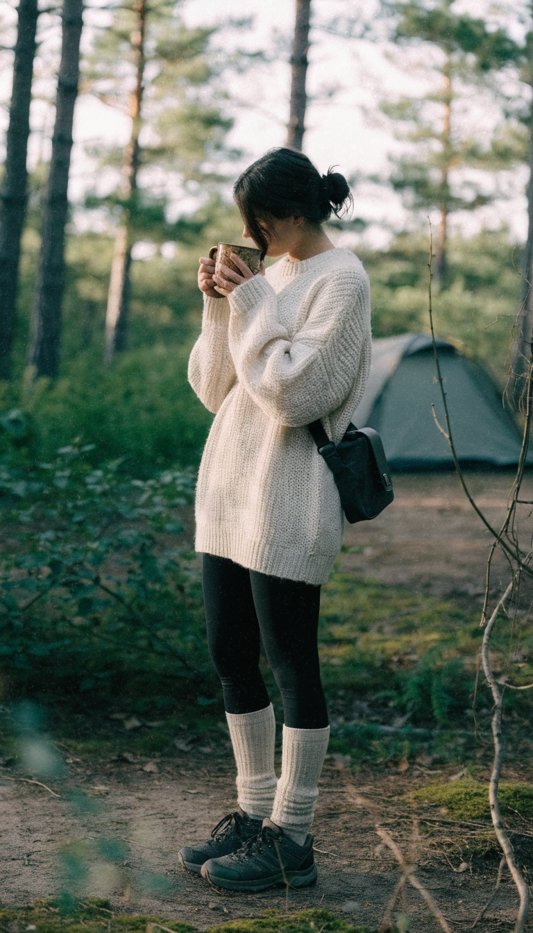 Woman in cream oversized sweater and black leggings holding coffee at camp