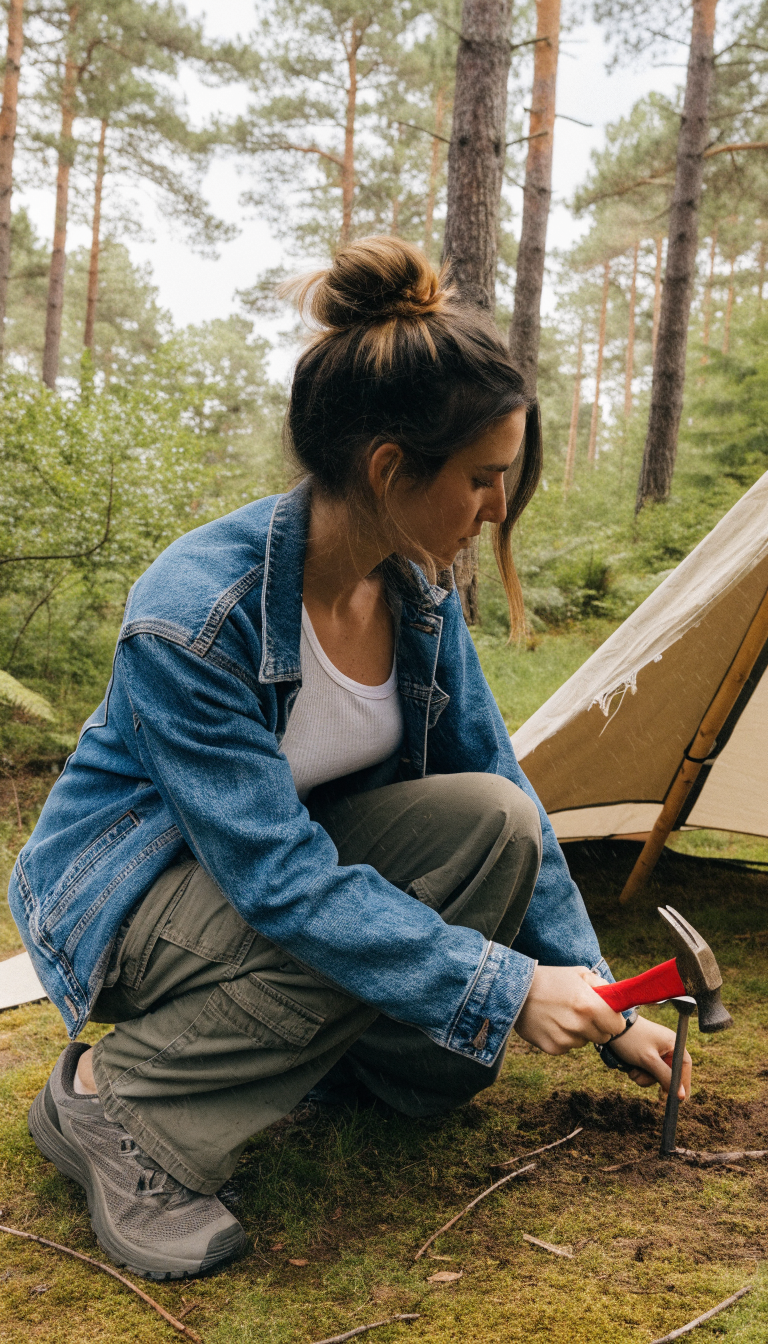 Woman in denim jacket and olive cargo pants setting up tent at campsite