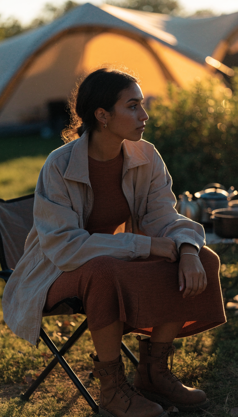 Woman in rust knit midi dress and boots sitting on camp chair at sunset