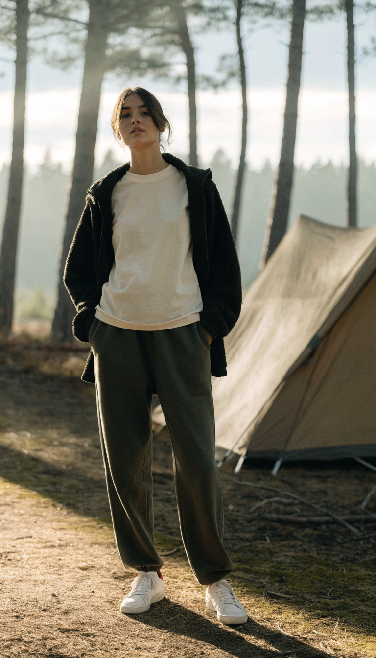 Woman in cream tee, olive joggers, black fleece and white sneakers at campsite