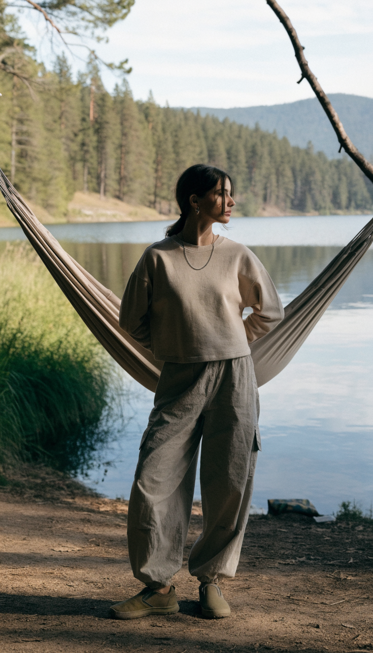 Woman in beige wide-leg pants and cropped sweatshirt by a lakeside hammock