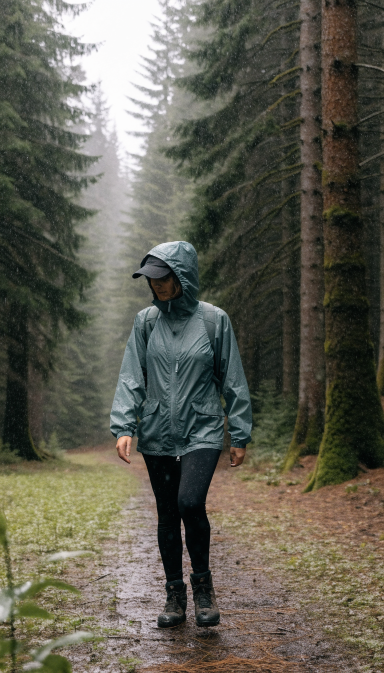 Woman in sage rain jacket and cap hiking on rainy forest trail