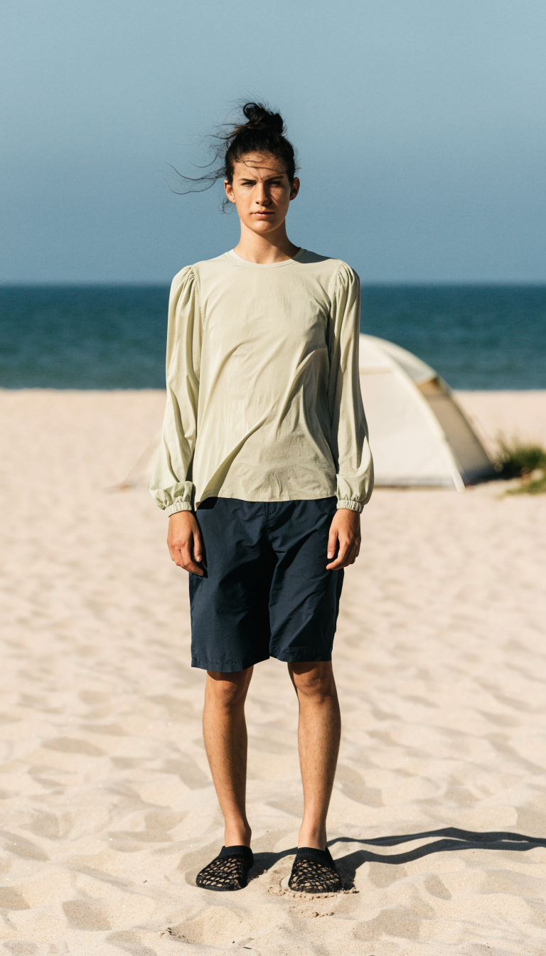Adult in long-sleeve top, board shorts and water shoes standing on beach sand