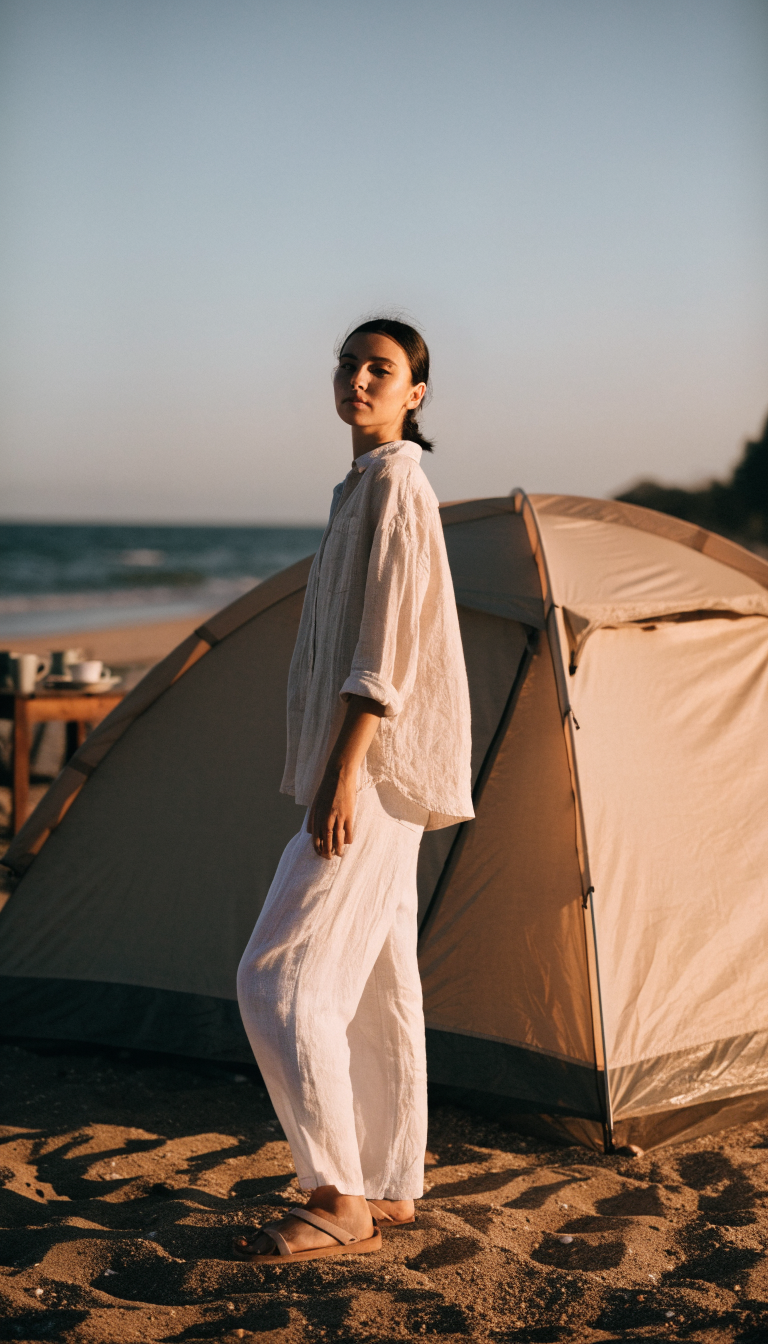 Woman in off-white linen shirt and white wide trousers with sandals by beach tent at sunset