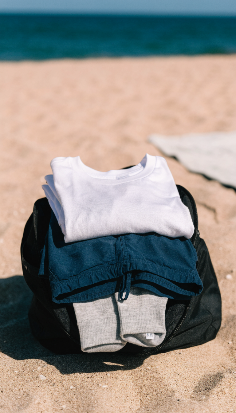 Folded white tee, navy shorts and gray socks on duffel bag at beach camp